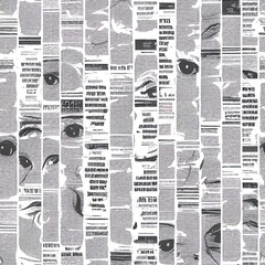 Abstract seamless pattern with newspaper headlines, human eyes, cityscapes on an old paper. Chaotic 2d illustrated background on the theme of city life. Suitable for wallpaper, wrapping paper, fabric