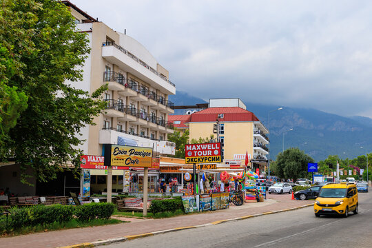 August 11, 2022 Beldibi, Turkey. Hotels in the tourist resort village. Background with copy space
