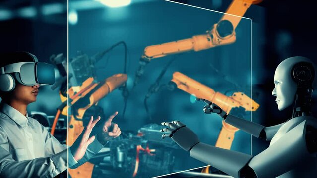 Cybernated industry robot and human worker working together in future factory . Concept of artificial intelligence for industrial revolution and automation manufacturing process .