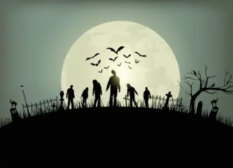 Fotobehang Halloween spooky night poster, Silhouette of zombies walking, Vector Illustration © rexandpan