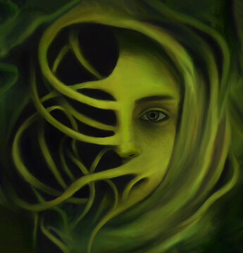 Mysterious girl face art, evil woman, a pale girl, a ghost girl, surreal face, surreal art, horror covers
