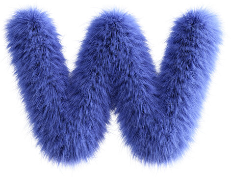 Blue 3D Fluffy Letter W. 3d render illustration isolated on transparent background