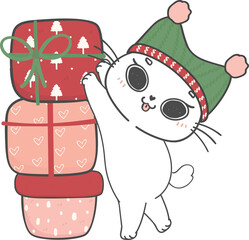cute Christmas naughty calico kitten cat in gift present box cartoon doodle hand drawing