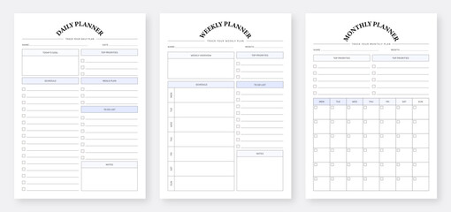 Daily, weekly, monthly planner template. 3 Set of minimalist planners. Printable Daily Weekly Monthly Planner Template. Organizer & Schedule Planner. Modern planner template. Life and Business planner