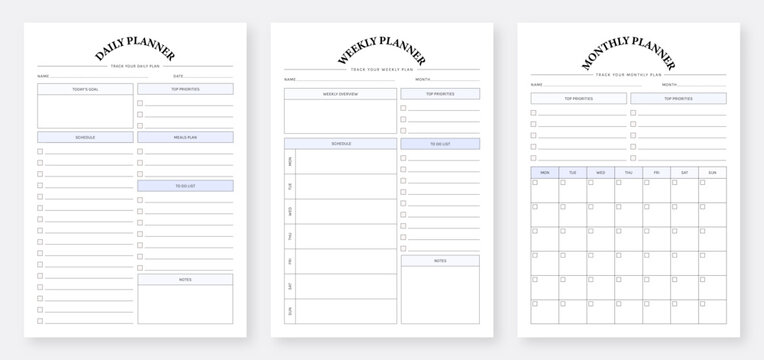 Daily, weekly, monthly planner template. 3 Set of minimalist planners. Printable Daily Weekly Monthly Planner Template. Organizer & Schedule Planner. Modern planner template. Life and Business planner