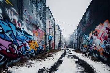 3D rendered computer-generated image of an empty alleyway in the winter season. Fully CGI, including all graffiti murals - 100% original and cleared for commercial use urban setting - obrazy, fototapety, plakaty