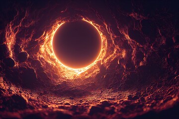 3D rendered computer generated image of Christian hell. A hellish landscape with hellfire and brimstone, this satanic underground home is hot and filled with demons (not pictured) - obrazy, fototapety, plakaty