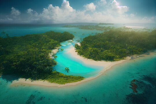 3D rendered computer generated image of a tropical deserted island. Often used by pirates (accessible through pirate bays), this lush greenery and sandy beaches is surrounded by blue ocean for miles