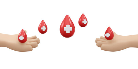 3D Rendering of hand and blood drop concept of blood and organ donation. 3D render illustration cartoon style.