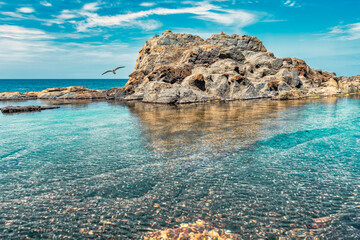 Aguas Verdes (green water) natural pools on the beach in Fuerteventuraisland, Canary Islands, Spain...