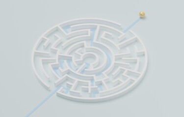 Fototapeta na wymiar Sphere passing through circular maze, idea or solution to solve problem, ambition to overcome difficulty or business challenge concept, 3d render illustration.