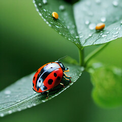 Red Ladybug on wet leaf