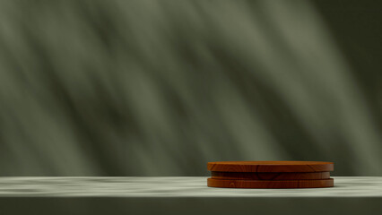 3D rendering mockup space of cylinder wood texture podium in landscape with dark green wall