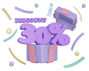 3d rendering of purple theme of gift box open to show 30 percent discount  for commercial design. 3d render illustration cartoon style.