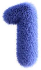 Blue 3D Fluffy Number One. 3d render illustration isolated on transparent background