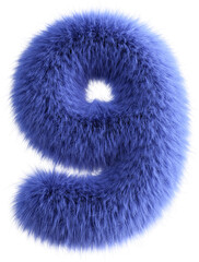 Blue 3D Fluffy Number Nine. 3d render illustration isolated on transparent background