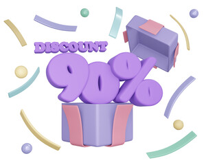 3d rendering of purple theme of gift box open to show 90 percent discount  for commercial design. 3d render illustration cartoon style.