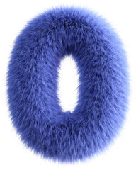Blue 3D Fluffy Number Zero. 3d render illustration isolated on transparent background
