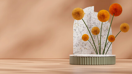 Landscape layout of yellow and red mimosa flower, 3D render blank space of marble and green podium