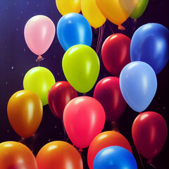Fototapeta na wymiar Colorful Ballons Floating Upward On A Dark Blue Background | Celebrations and Holidays | Created Using Midjourney and Photoshop