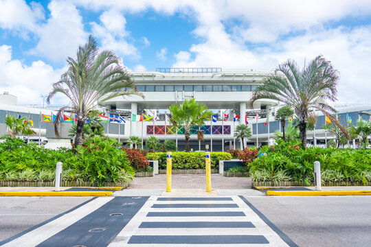 Miami, USA - September 21, 2019 - Miami international airport with flags of different countries