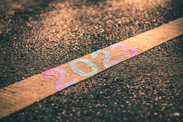 Road to happy new year 2023 new year holidays card.