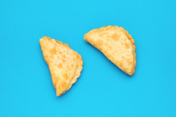Two pasties with meat on a light blue background.
