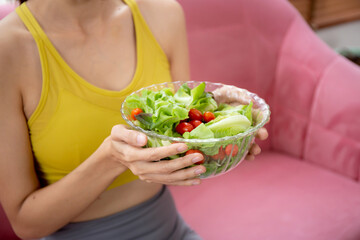 Closeup hands of woman holding salad vegetable in bowl for eating lettuce in living room at home, female satisfied and vegetarian food for healthy and nutrition, lifestyles and health concept.