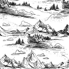 Detailed hand drawn black and white illustration seamless pattern of mountain, tree, house. sketch. Vector. Elements in graphic style label, card, sticker, menu, package.