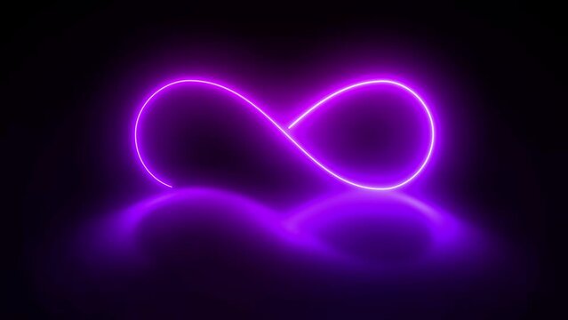 Purple Infinity Symbol Glowing Light Neon Sign with Motion Blur Reflection. Futuristic Technology, Virtual Reality and Global Connection Concept. Loop Infinite Animation on dark background 