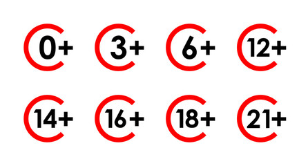 age limit warning sins, vector rounded arc icons set