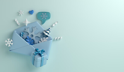 Winter decoration background with envelope, snowflakes, gift box, copy space text, 3D rendering illustration