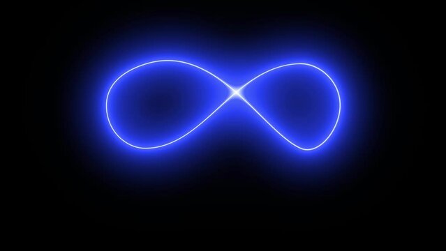 Infinity Symbol Loop Animation on dark Background. Blue Neon Forever or Limitless Blue Sign Glowing Light. Futuristic Technology, Virtual Reality and Global Connection Concept 