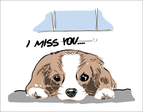 A picture of a puppy with puppy eyes with mention in word I miss you. Can be use for greeting cards of art word.