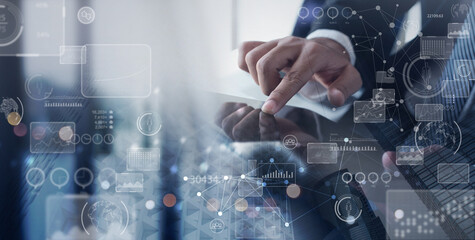 Data science technology, big data analysis, business intelligence concept, market research. Businessman working on laptop computer, using digital tablet with big data, global business network