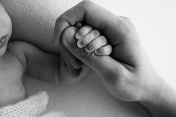 A newborn holds on to mom's, dad's finger. Hands of parents and baby close up. A child trusts and holds her tight. Tiny fingers of a newborn. Black and white macrophoto. Concepts of family and love.