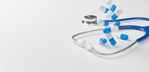 Top view of medical stethoscope and pill capsule falling on white background. Health care insurance concept. 3d rendering