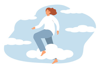 vector illustration in a flat style - on the theme of good psychological well-being, mental health. happy girl jumping on the clouds