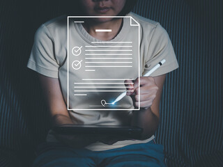 electronic signature concept Businessman signing documents electronically through digital documents Connecting modern technology to work