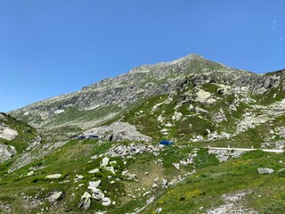 The Monte Prosa peak (2737 m) in the massif of the Swiss Alps and in the area of the mountain St. Gotthard Pass (Gotthardpass), Airolo - Canton of Ticino (Tessin), Switzerland (Schweiz)
