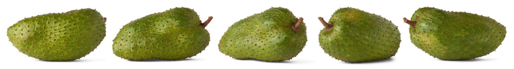 cherimoya, annona muricata, irregular and oblong shaped large edible fruit also known as custard apple or soursop, sweet taste tropical fruit on white background, collection