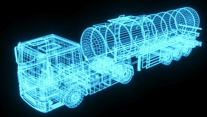 3D rendering illustration Oil truck blueprint glowing neon hologram futuristic show technology security for premium product business finance transportation 