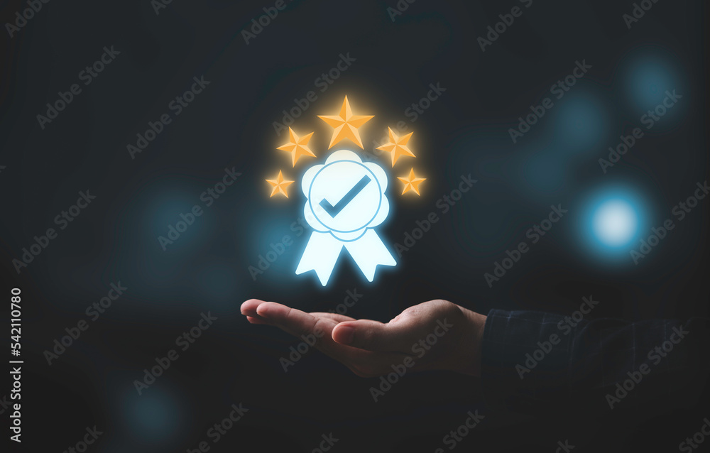 Poster hand holding and showing the best quality assurance with golden five stars for guarantee product and