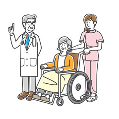 車椅子を押す看護師と高齢女性と医者のイラスト