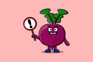 Cute cartoon illustration Beetroot with exclamation sign board in flat modern style design