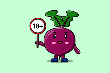 cute cartoon Beetroot holding 18 plus sign board in vector character illustration