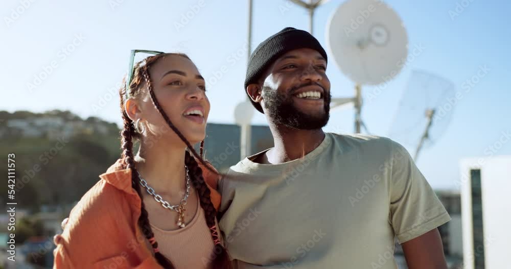 Sticker Fashion couple, bonding or talking youth in city and pointing at Portugal sightseeing view on summer holiday rooftop. Smile, happy woman or young black man in trendy style clothes or interracial date