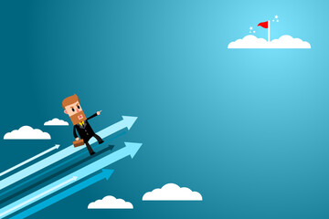 Leader points direction to flag of success. Businessman standing on flying arrows. Business Concept. Vector illustration