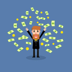 Businessman celebrate success with cash. Business Concept. Vector illustration