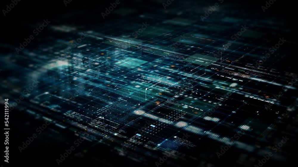 Leinwandbilder Futuristic abstract de-focus flowing data matrix, meta, metaverse, telemetry and encrypt numbers display with particles simulation in cyber space environment for head up display background